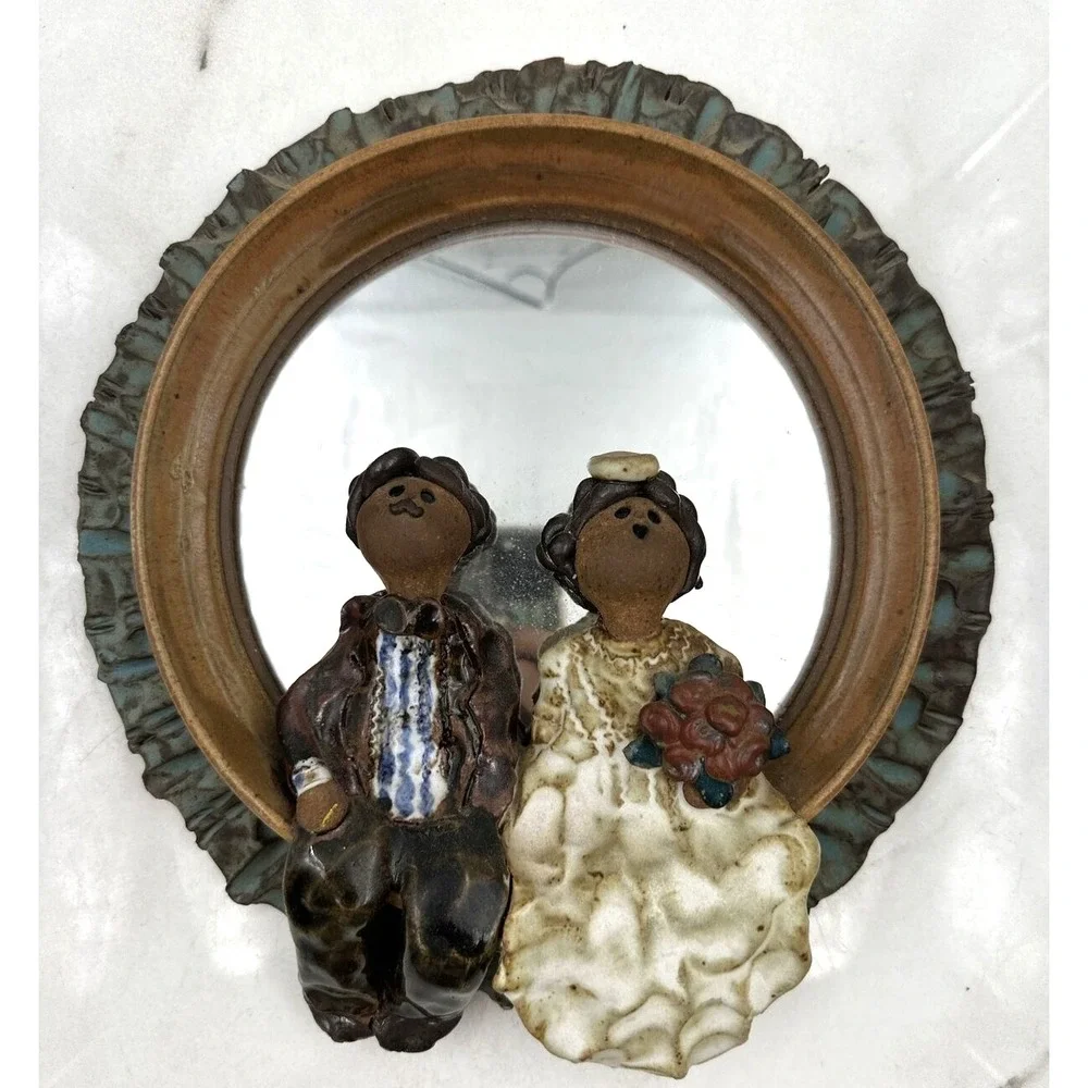 Carol Kaminski Art Pottery Mirror Handpainted Sitting Courting Couple CK Signed